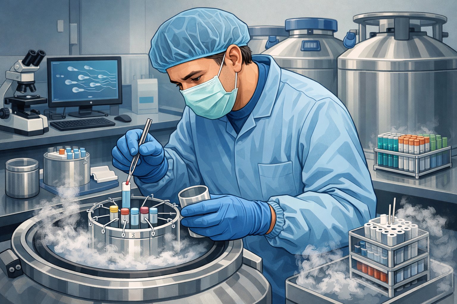 un técnico en un laboratorio manejando muestras en un banco de esperma